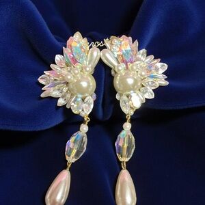 Vintage Elegant Pearl and AB Crystal Drop Earrings